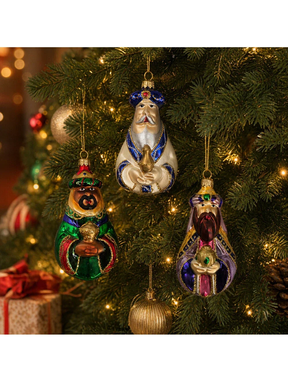 VTG Hallmark Keepsake 3 WiseMen Blown Glass Ornament Set Gold Frankincense Myrrh